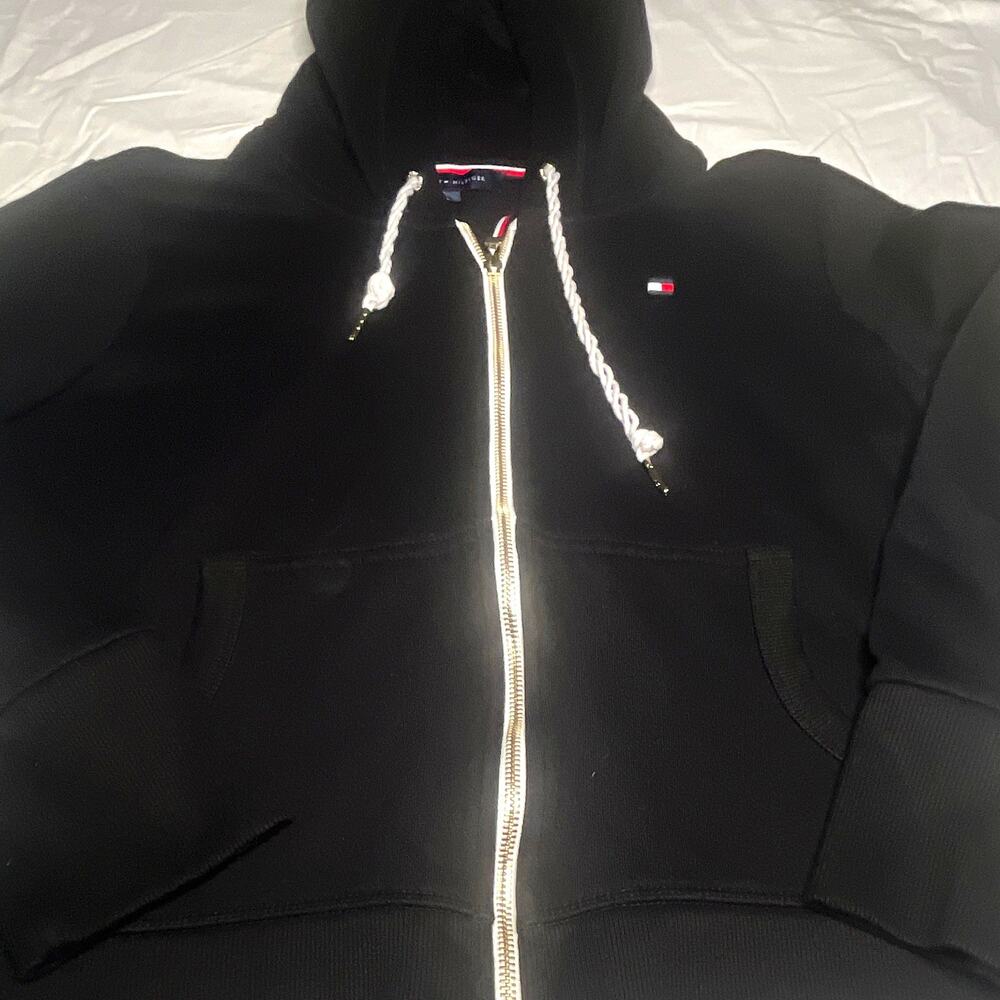 Tommy Hilfiger Womens Black Full Zip Hoodie Logo Pockets Solid L Regular( 119)